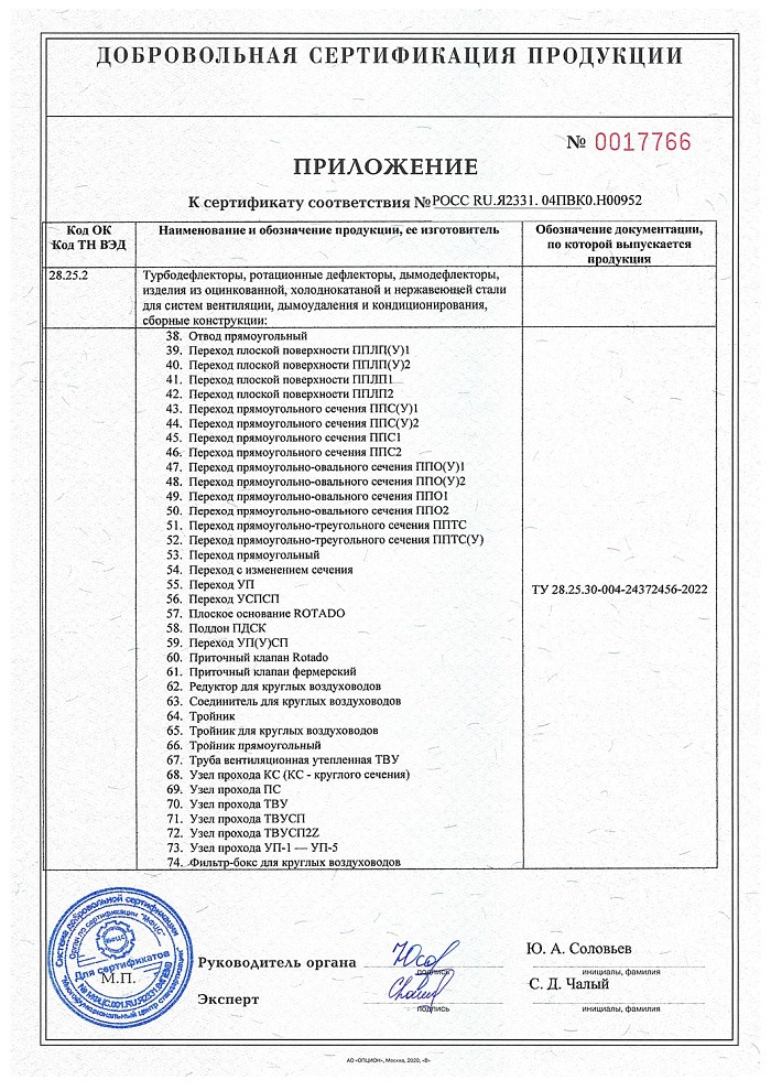 Добровольный сертификат соответствия на дефлектор активный ТД (РОТАДО)